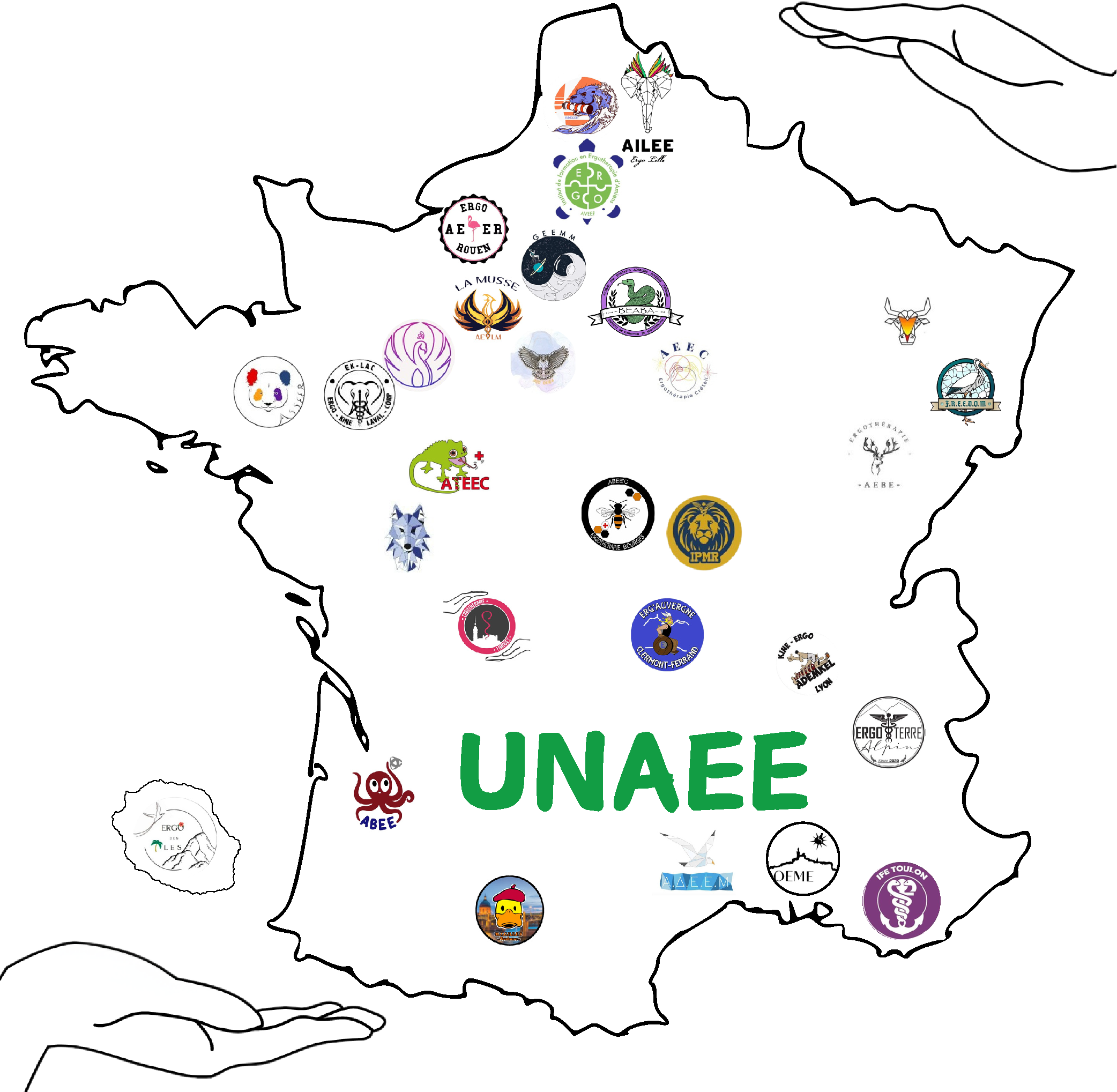 Carte de la France avec les logos des BDE des écoles adhérentes.